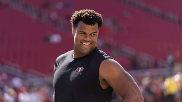 Aug 19, 2023; Santa Clara, California, USA; San Francisco 49ers defensive end Arik Armstead (91) during warmups before the start of the first quarter against the Denver Broncos at Levi's Stadium.